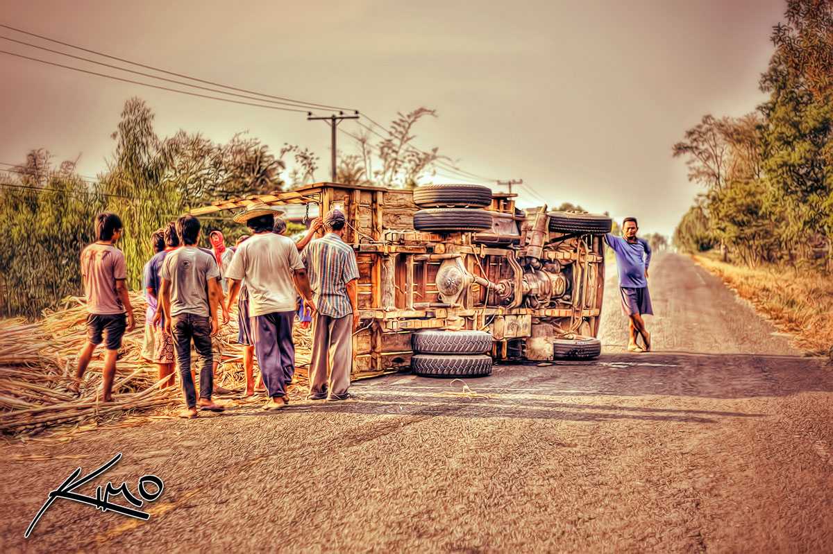 Sugarcane Truck Tipped Over on Thailand Road