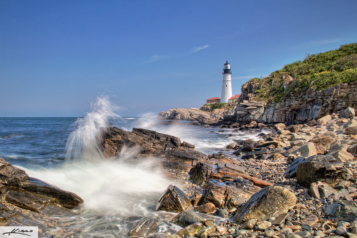 Wave Crashing Portland Maine Lighthouse