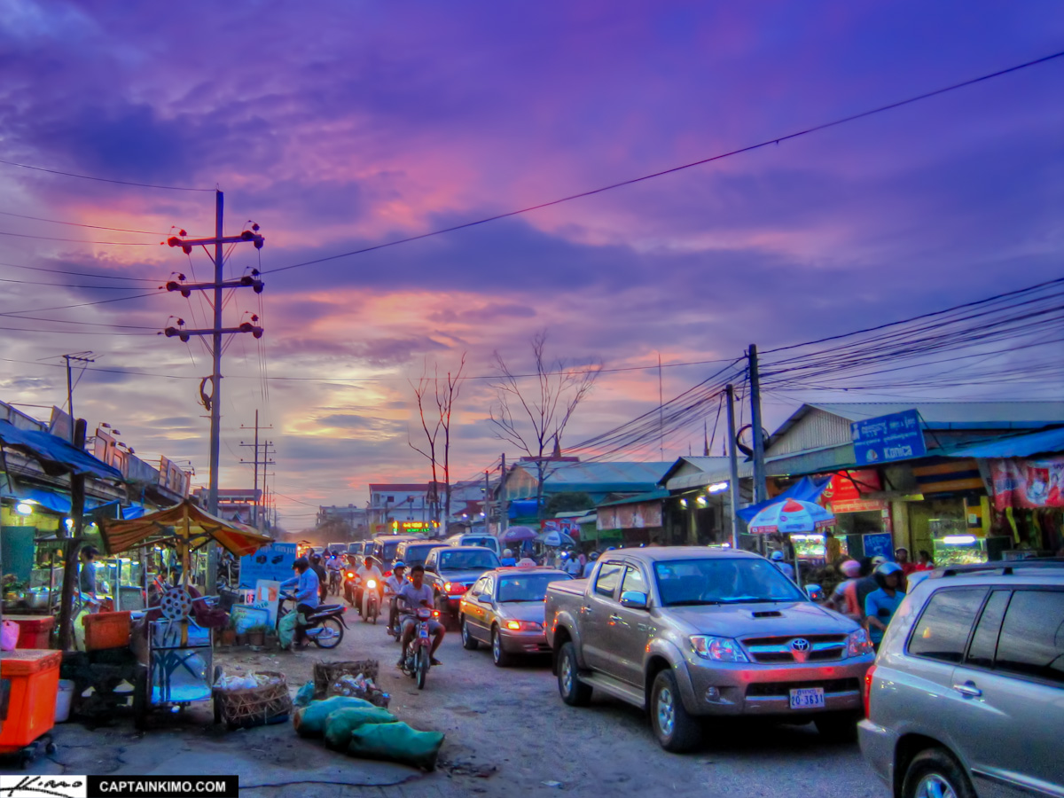 Purple Sunset Phnom Phen Cambodia Local Street Traffic