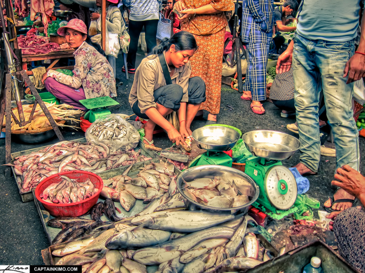 Woman Preparing Fish at Market in Phnom Phen Cambodia