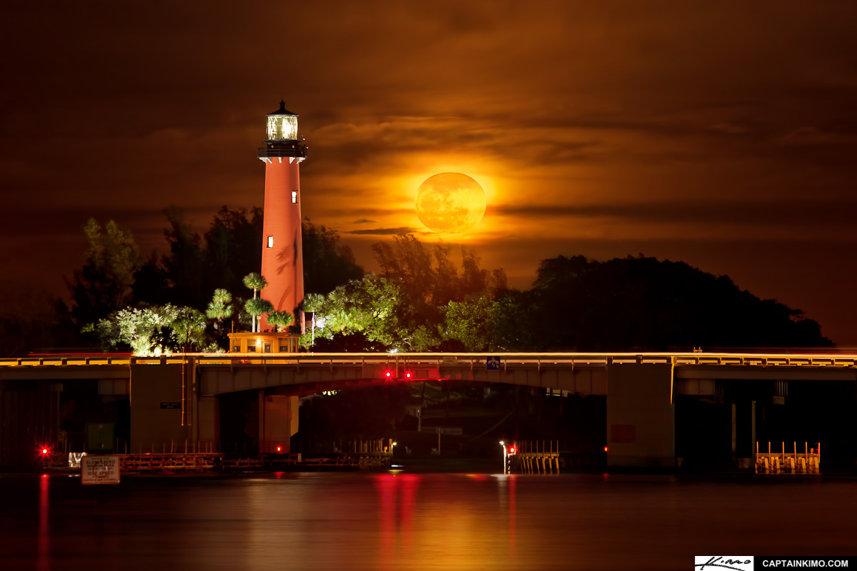 Burning Moonrise Over Jupiter Inlet Lighthouse Florida