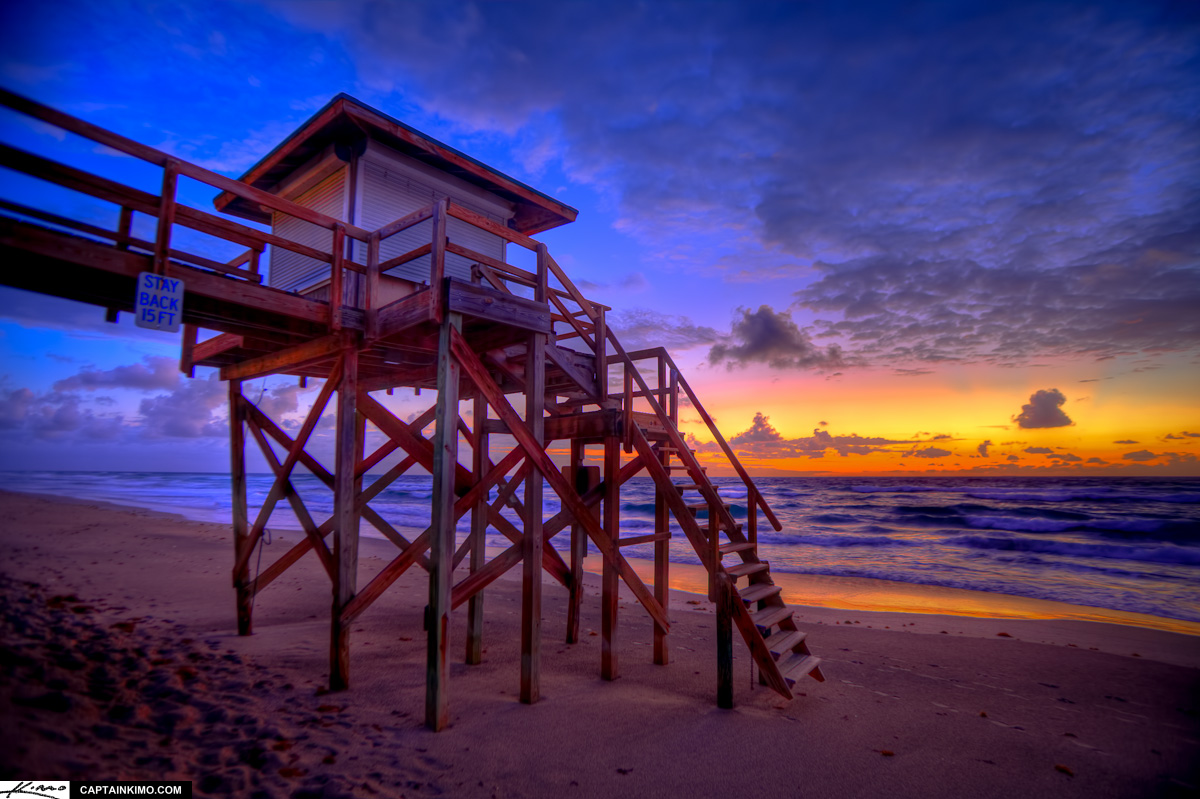 Sun Rising at Beach Over Lifeguard Tower Florida