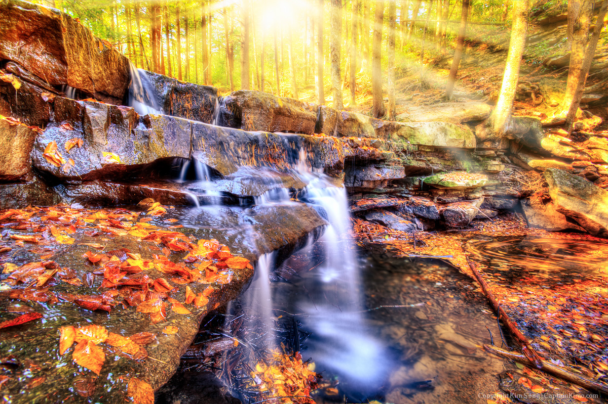 Small Waterfall with Sun Rays at Swallow Falls Maryland