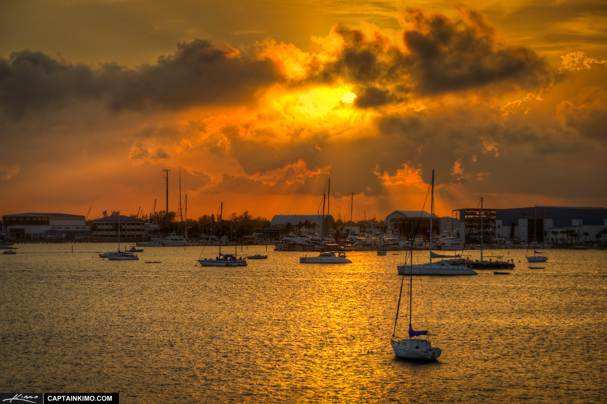 Sunset Over Riviera Beach Marina with Sailbots and Yachts