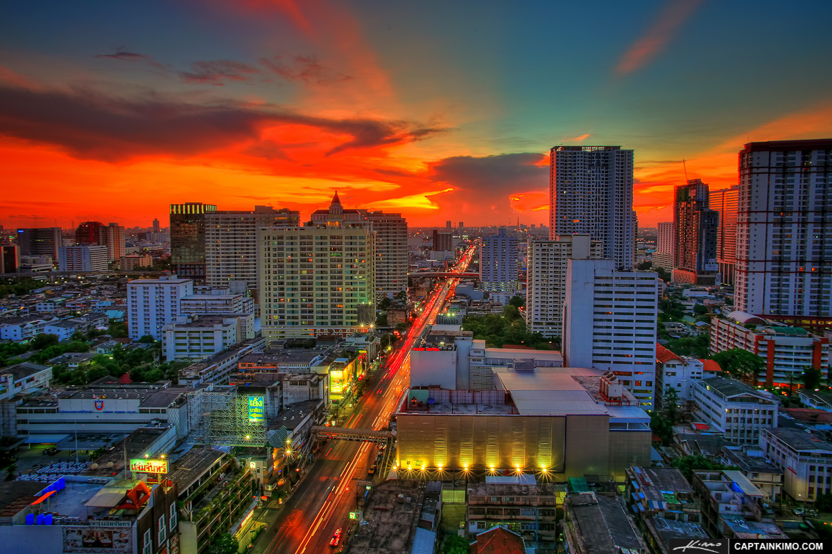 Bangkok Roof Top View of Thailand City Lights at Sunset