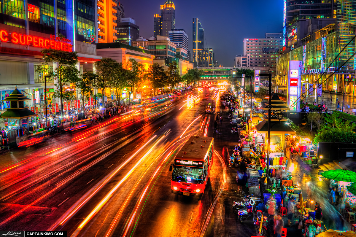 Bus Stop at Night Downtown Bangkok Thailand