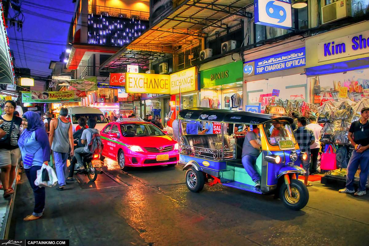 Tuk Tuk and Taxi at the Night Market in Pratunam Bangkok Thailand