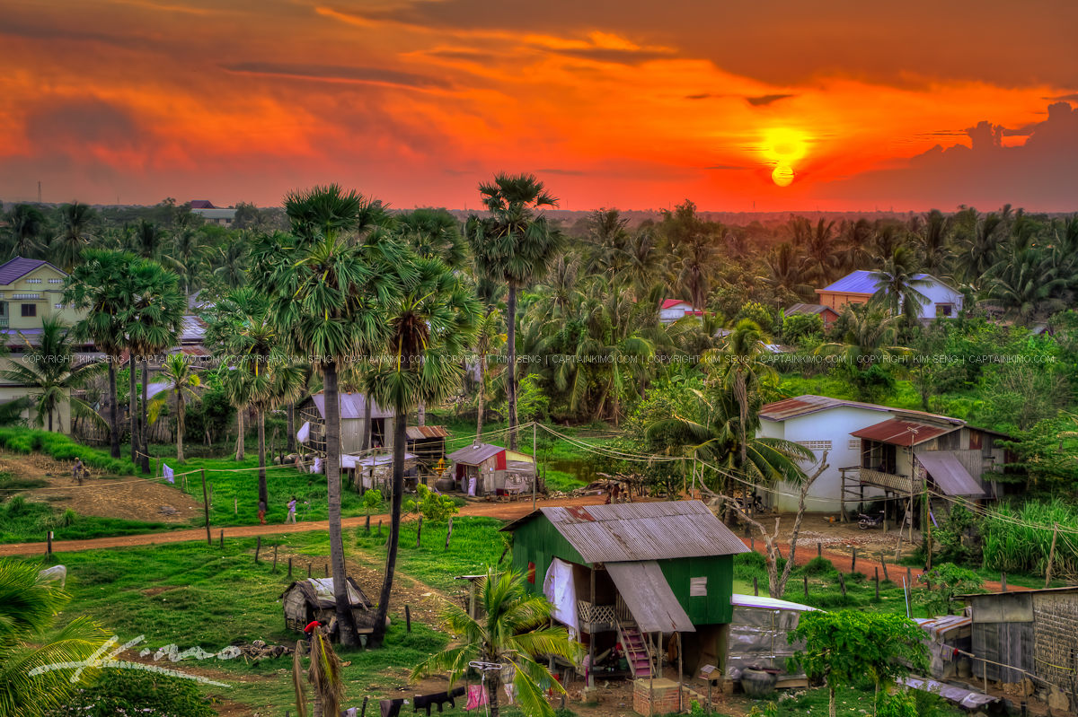 Sunset Over Small Village in Battambang Cambodia