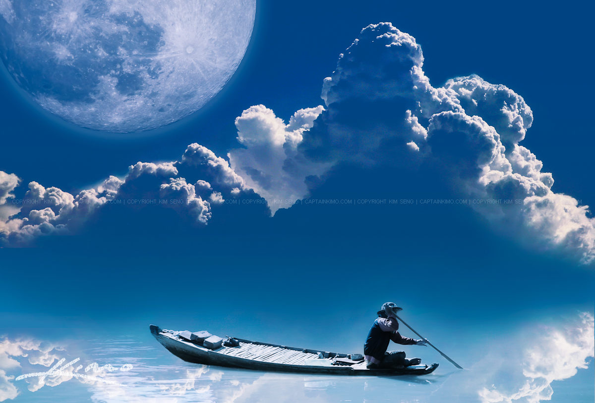 Boat Ride Under Full Moon on Magical River Fantasy Photo Art