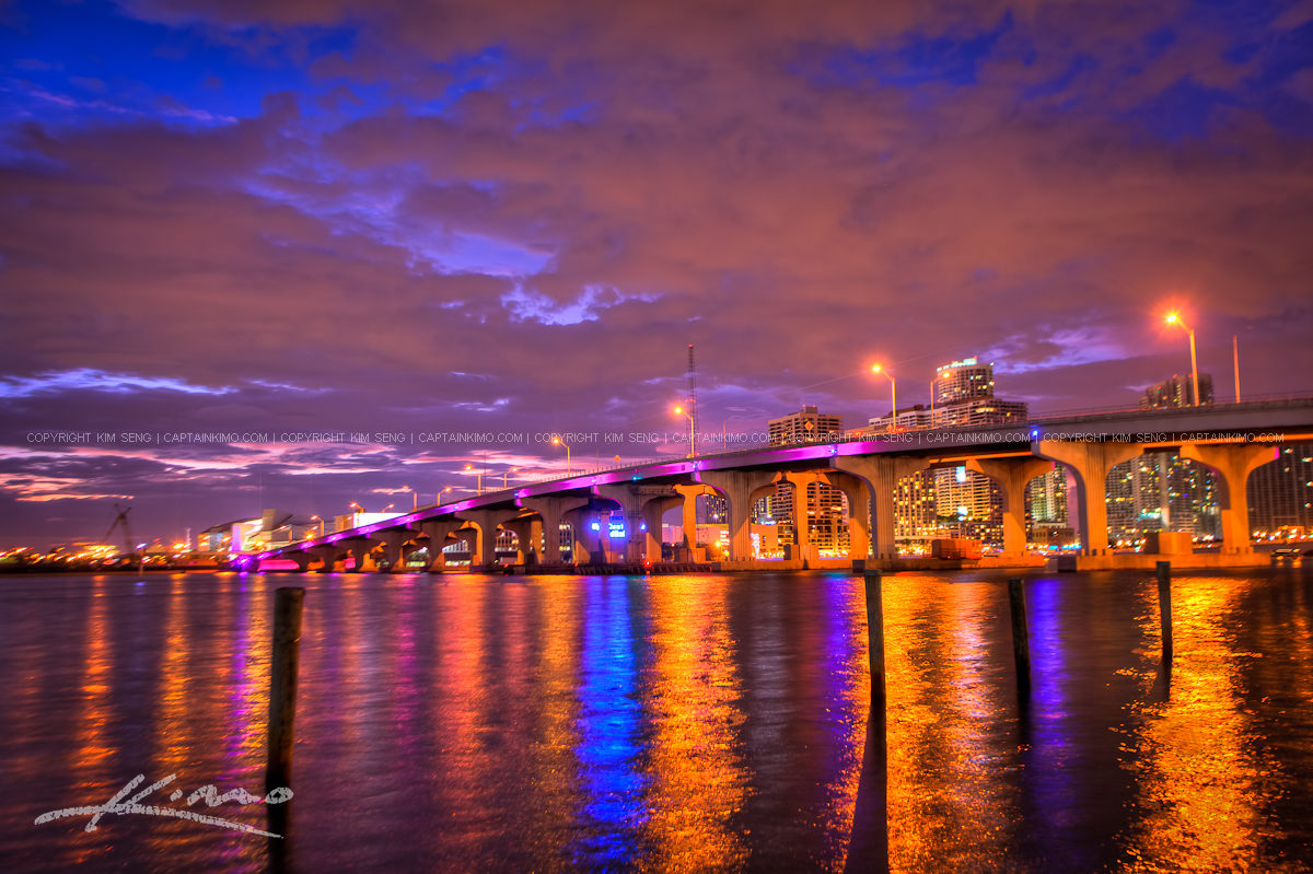 Miami Skyline Macarthur Causeway Bridge After Sunset