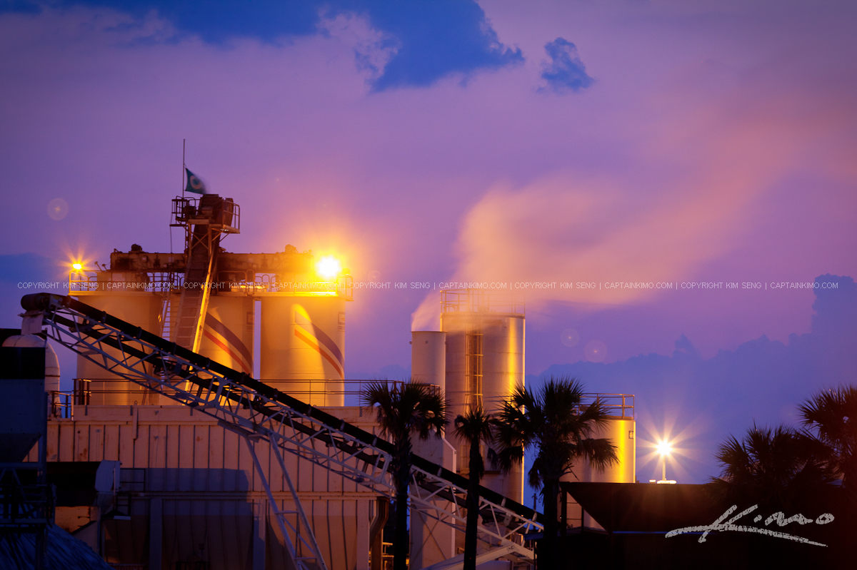 Florida Concrete Factory at Night with Smoke