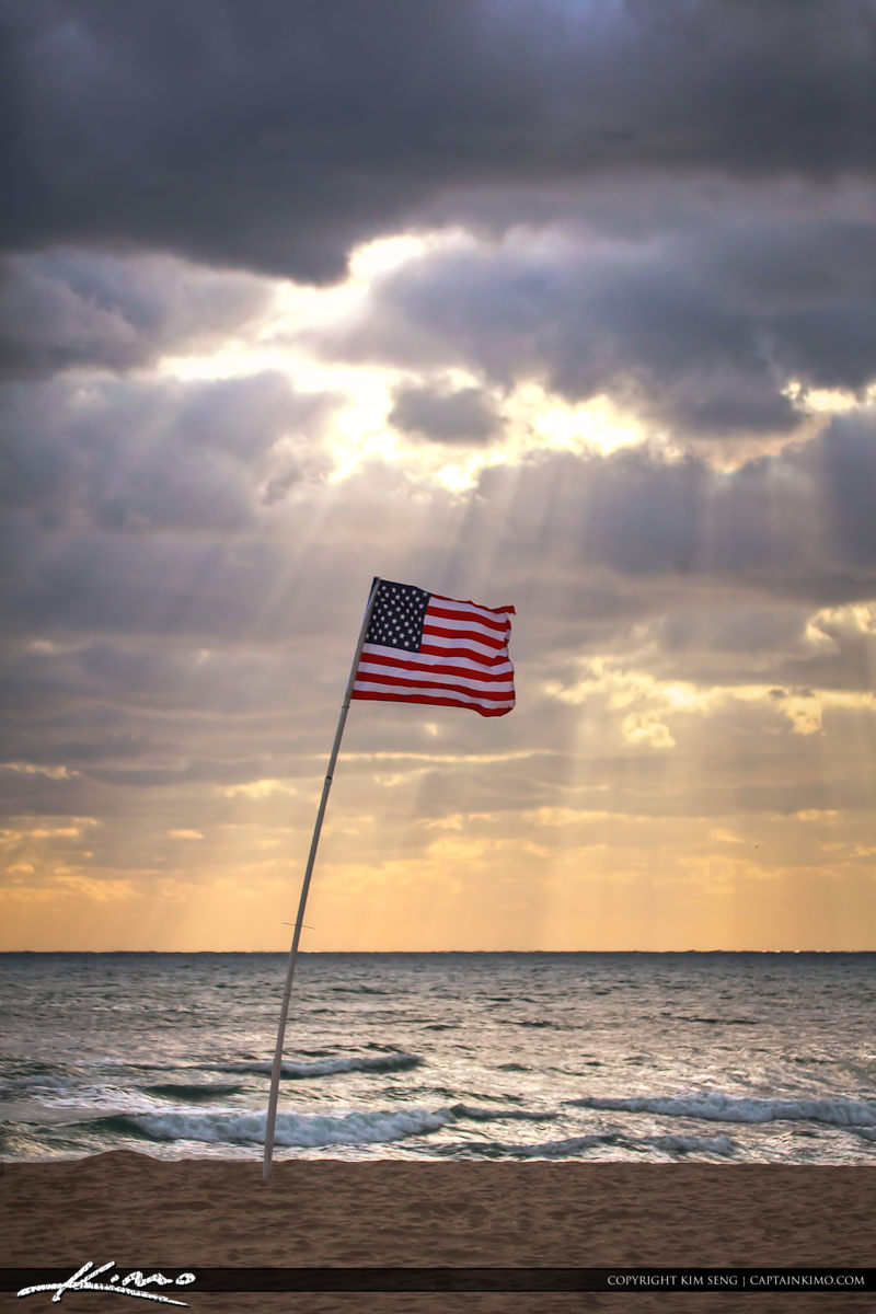 United States Flag at Beach in Pompano During Sunrise