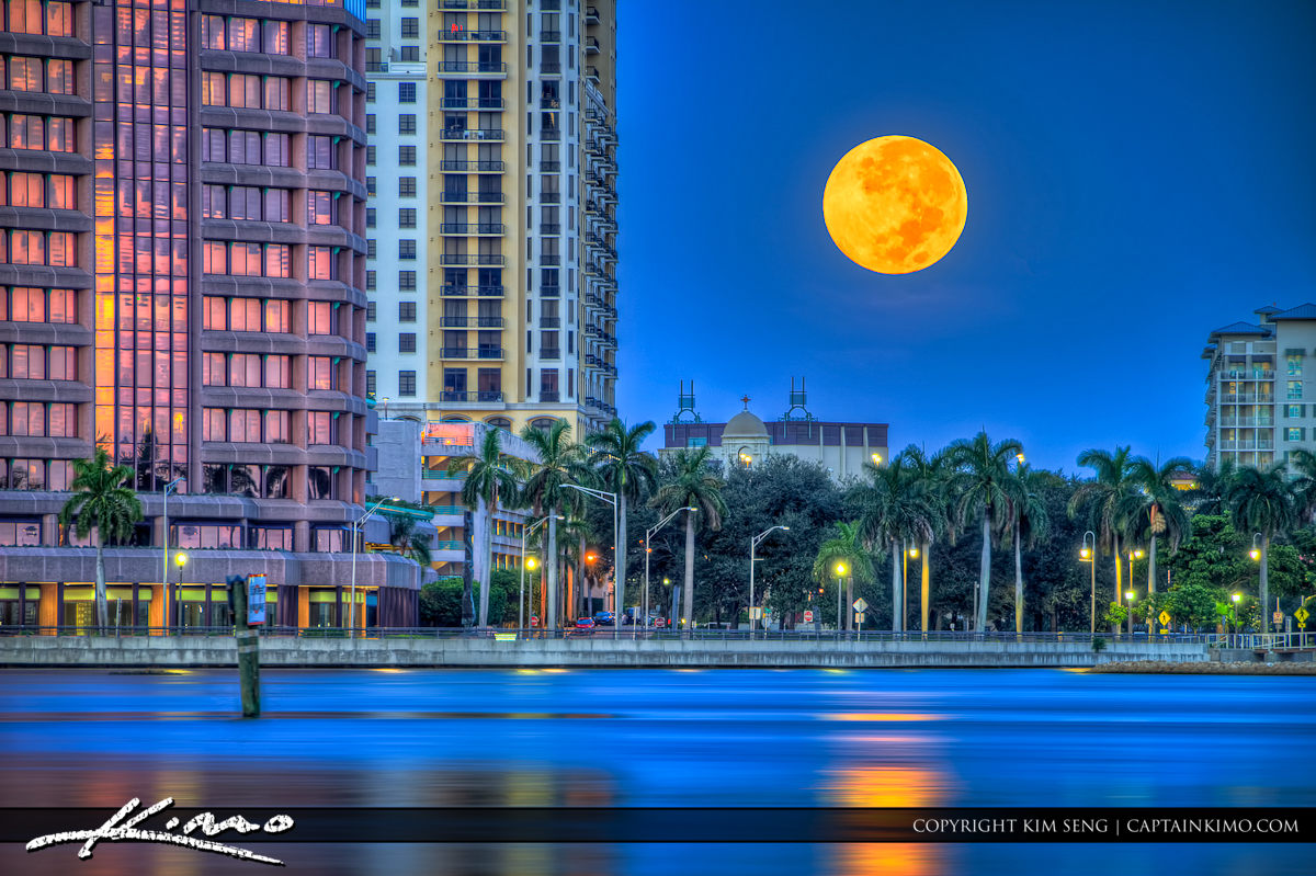 Moon Over West Palm Beach City Downtown Buildings
