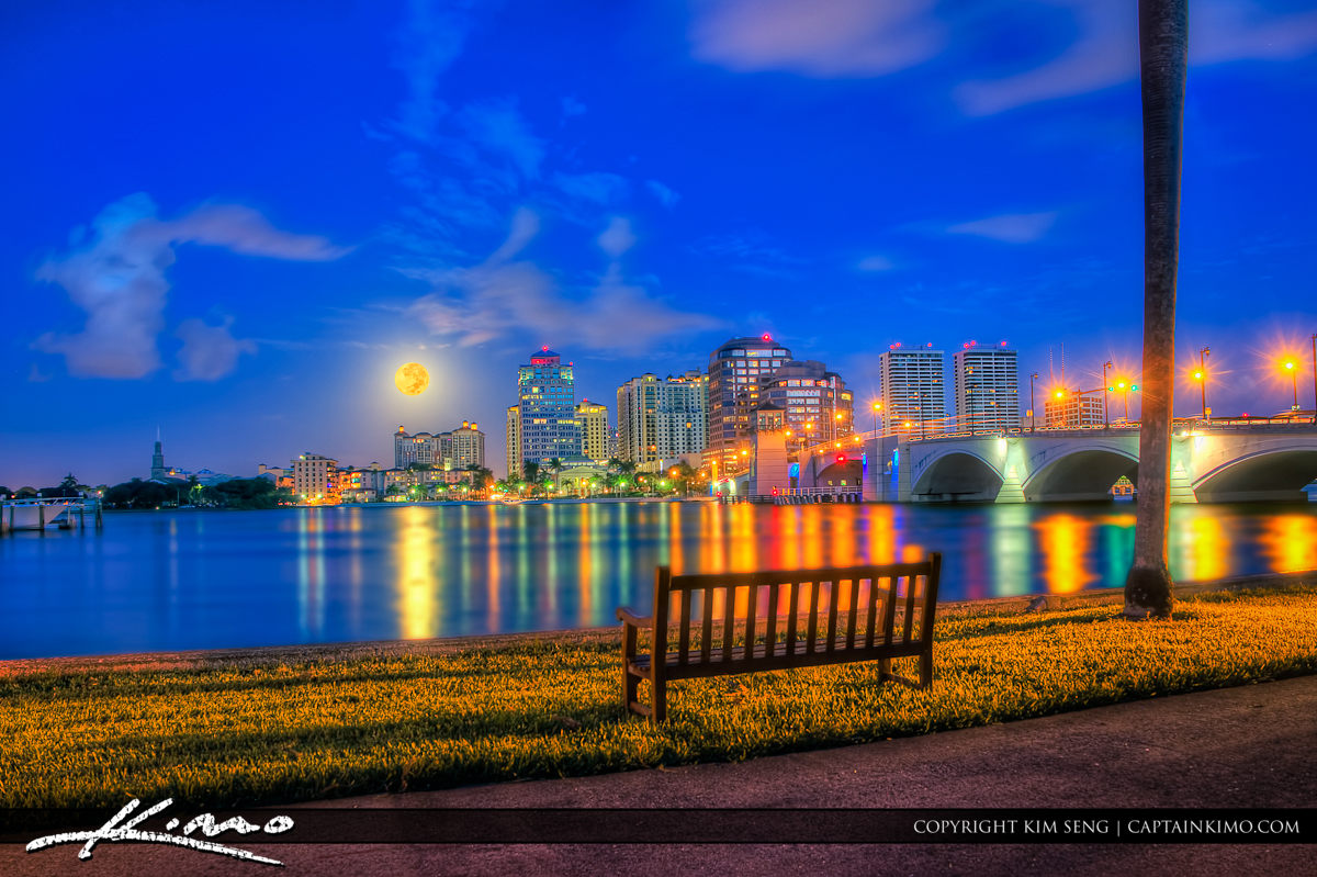West Palm Beach Moon Set Over Downtown Buildings