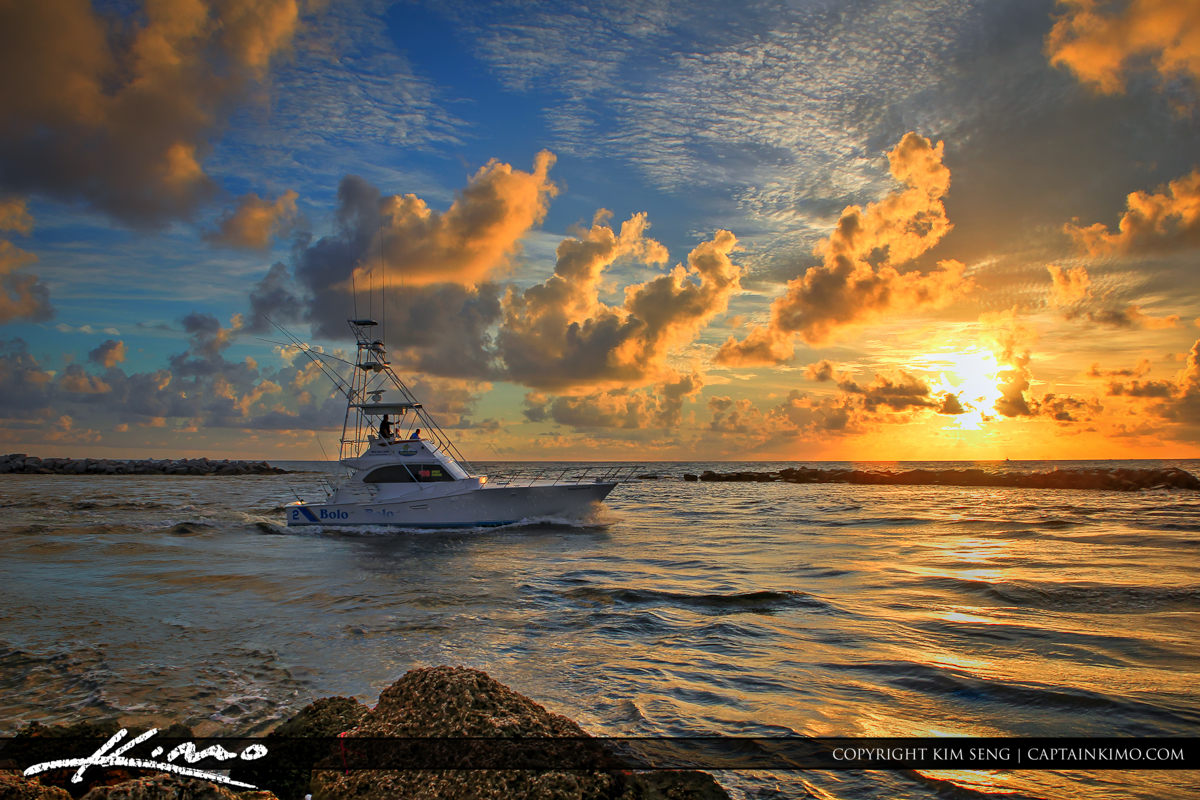Boat Going Fishing During Sunrise at the Pompano Inlet Florida