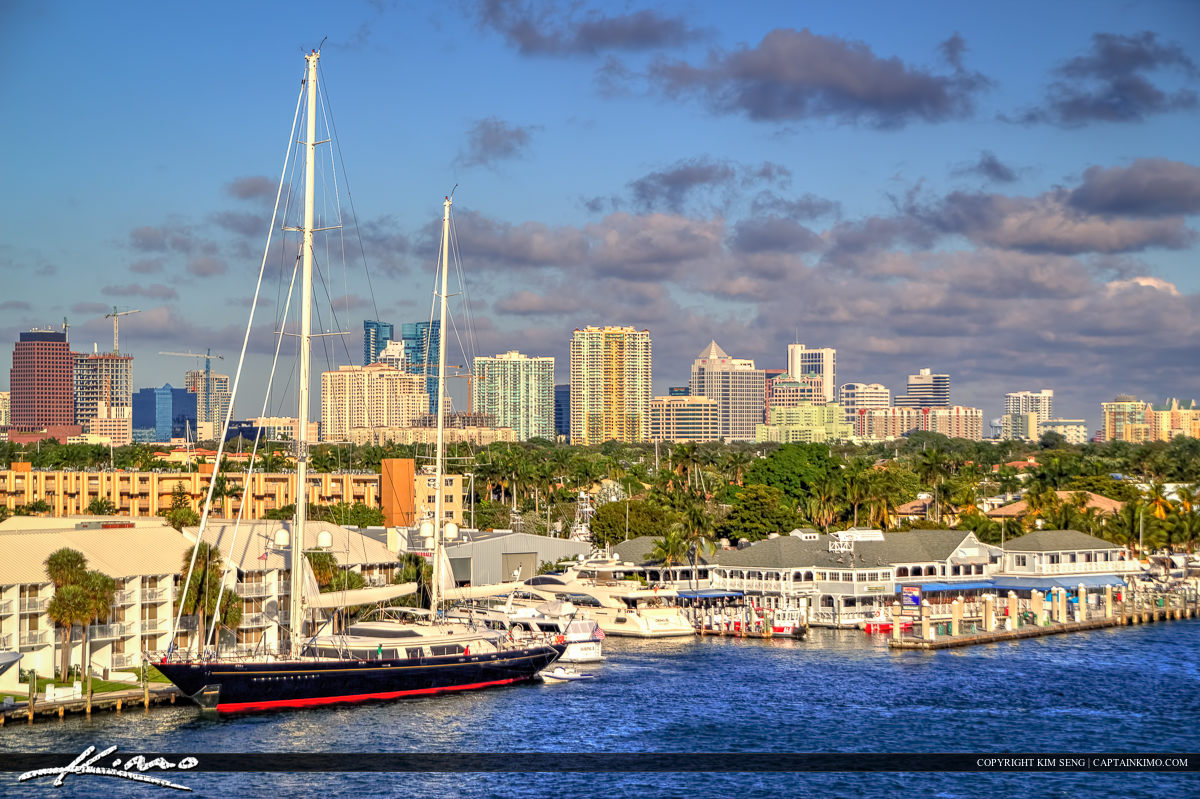 Fort Lauderdale Skyline with Sailboat at Waterway