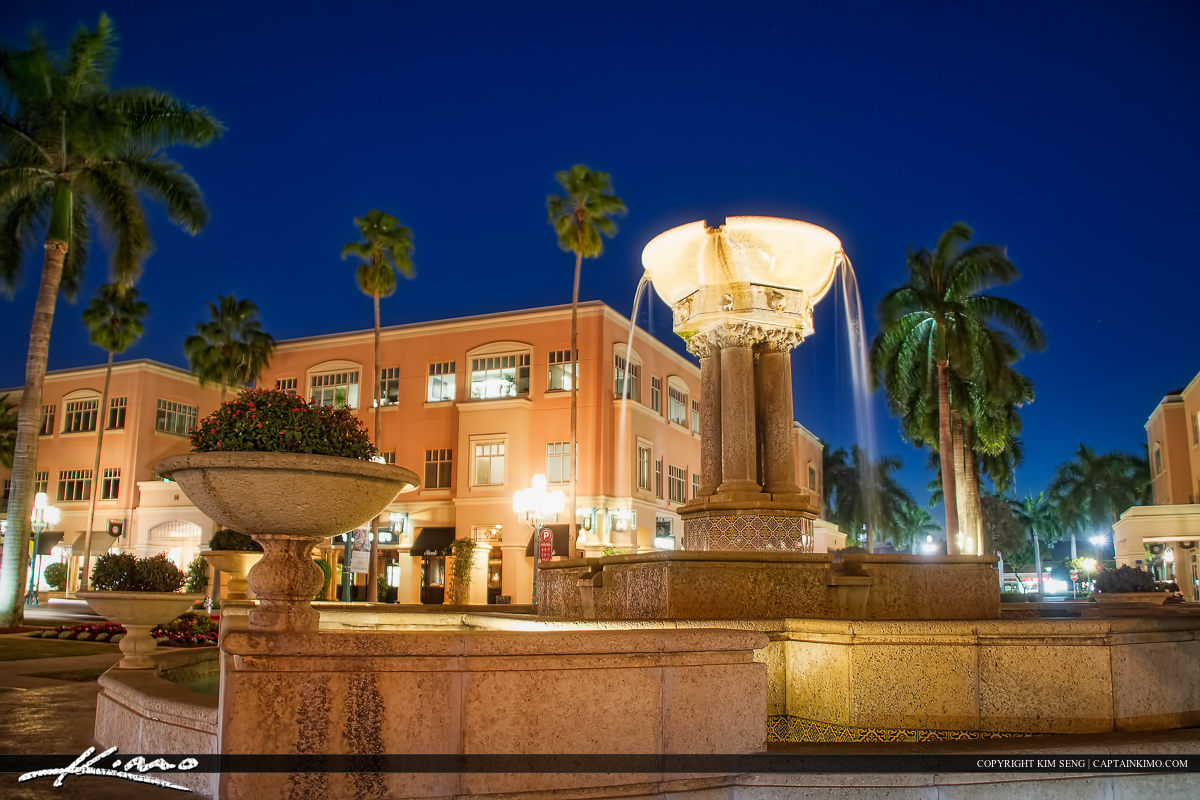 Mizner Park Water Fountain at Night Boca Raton City Downtown