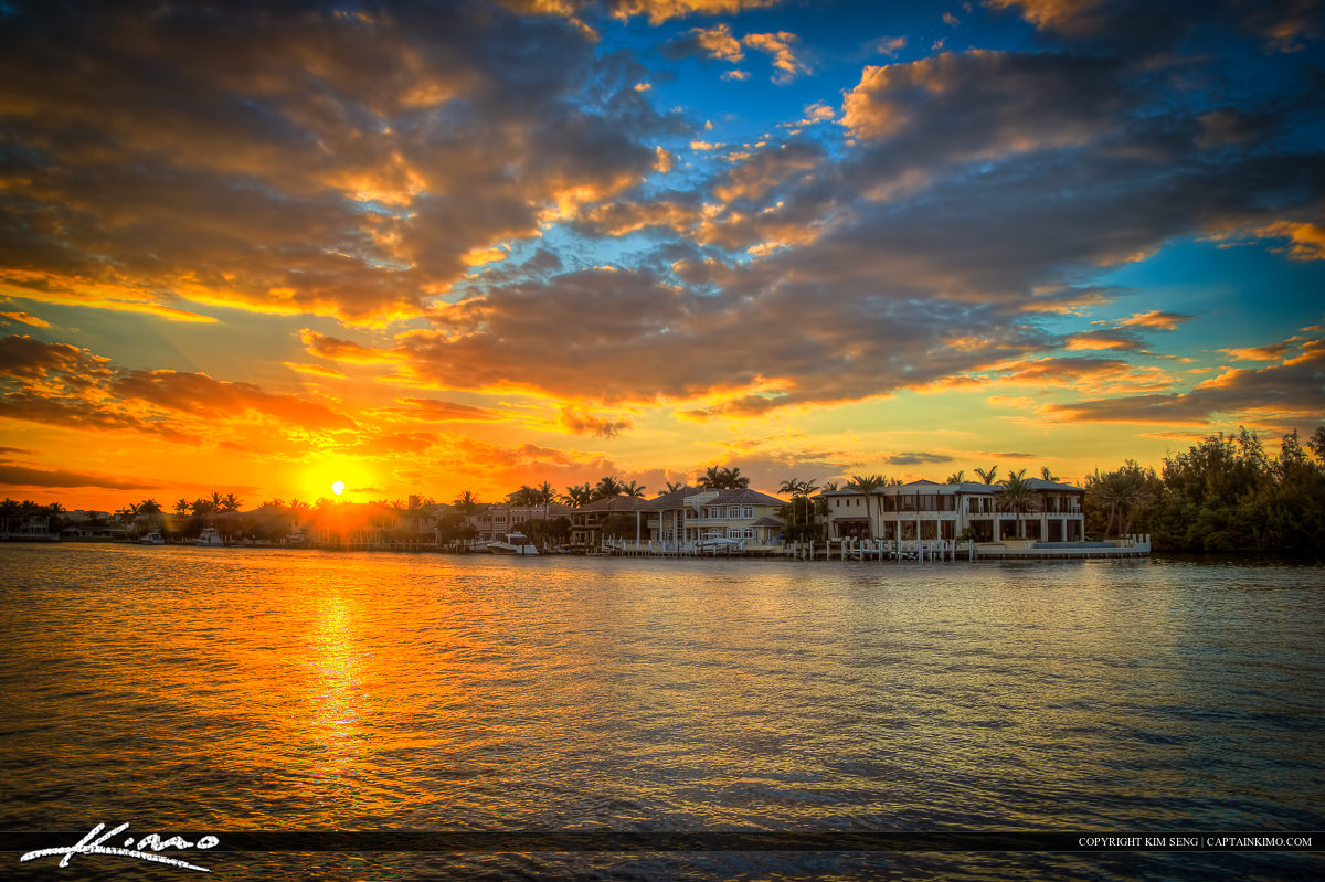 Waterfront Homes Sunset Along Waterway Boca Raton