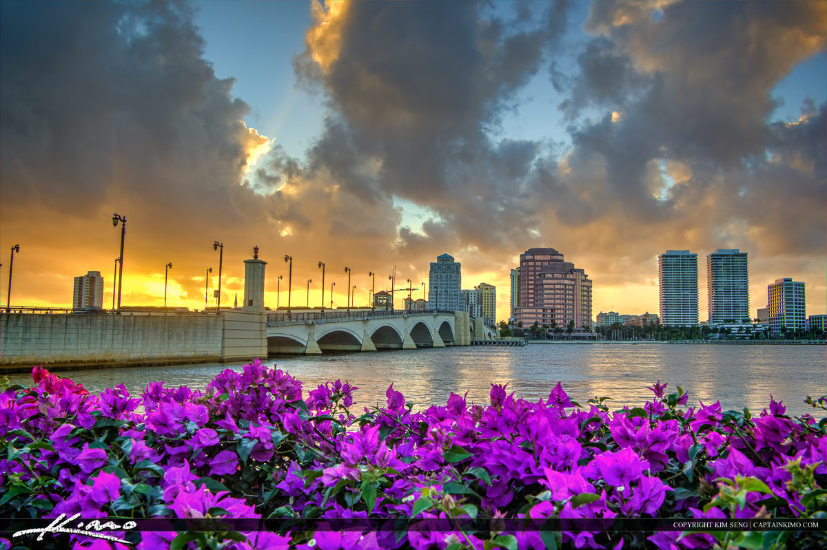 West Palm Beach City Skyline Sunset with Flowers