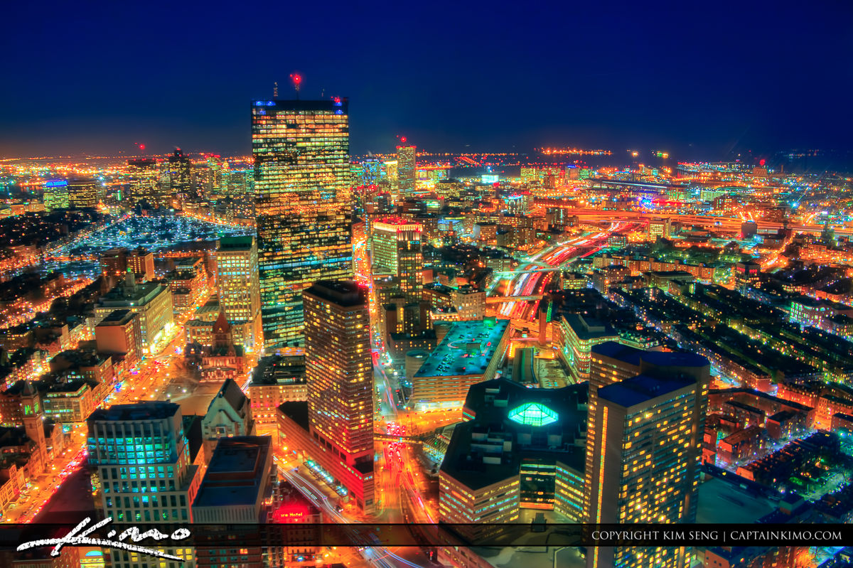 Boston City Night Lights Aerial from Prudential Building