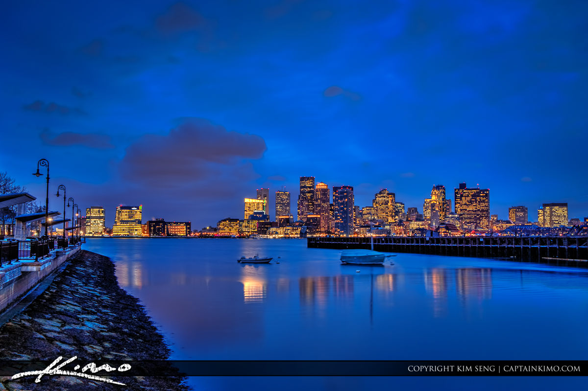 Boston City Skyline Nighttime Blues form Piers Park