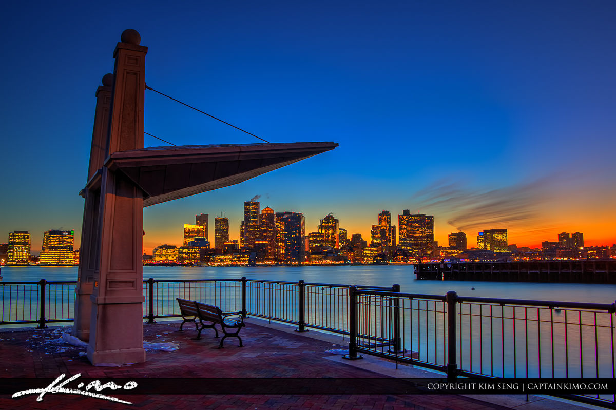 Boston City Skyline from Piers Park at Sunset