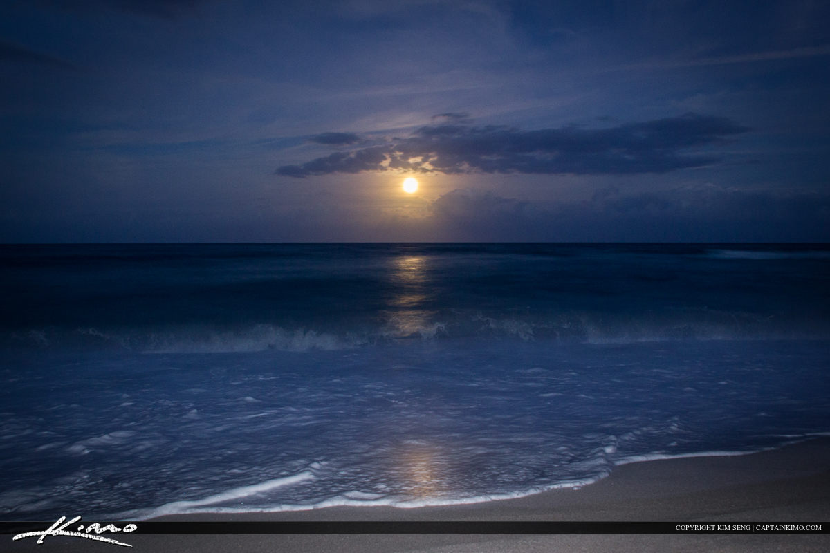 Full Moon Rise Over Ocean at Beach