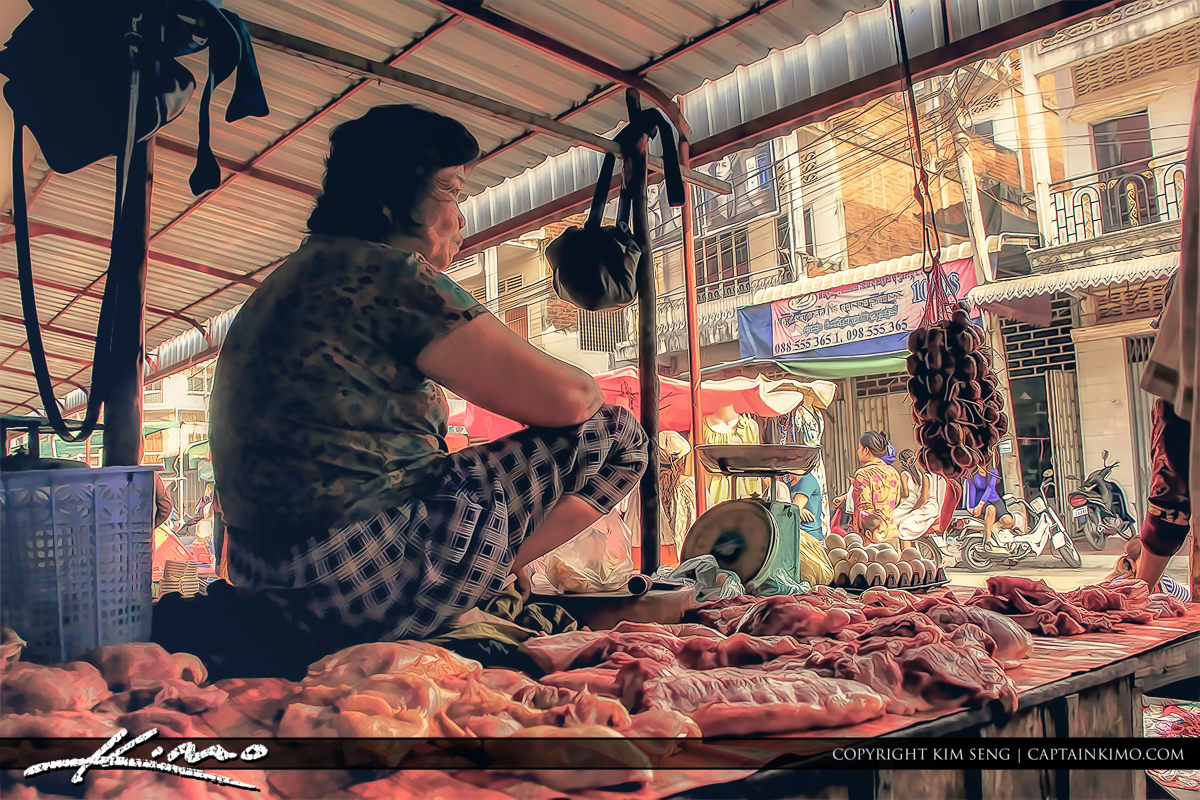 Lady Selling Meat at Khmer Market Battambang