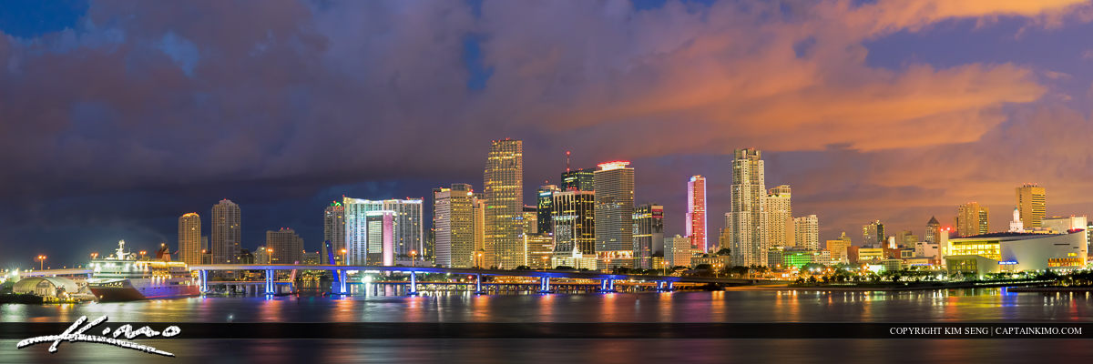 Miami Skyline Panorama Close Up at Night