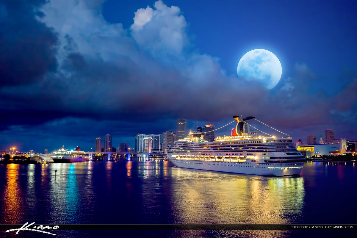 Miami Skyline and Cruise Ship Moon Set Port of Miami