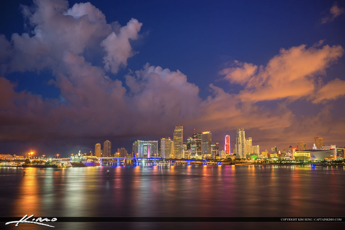 Miami Skyline at Night with Beautiful Clouds