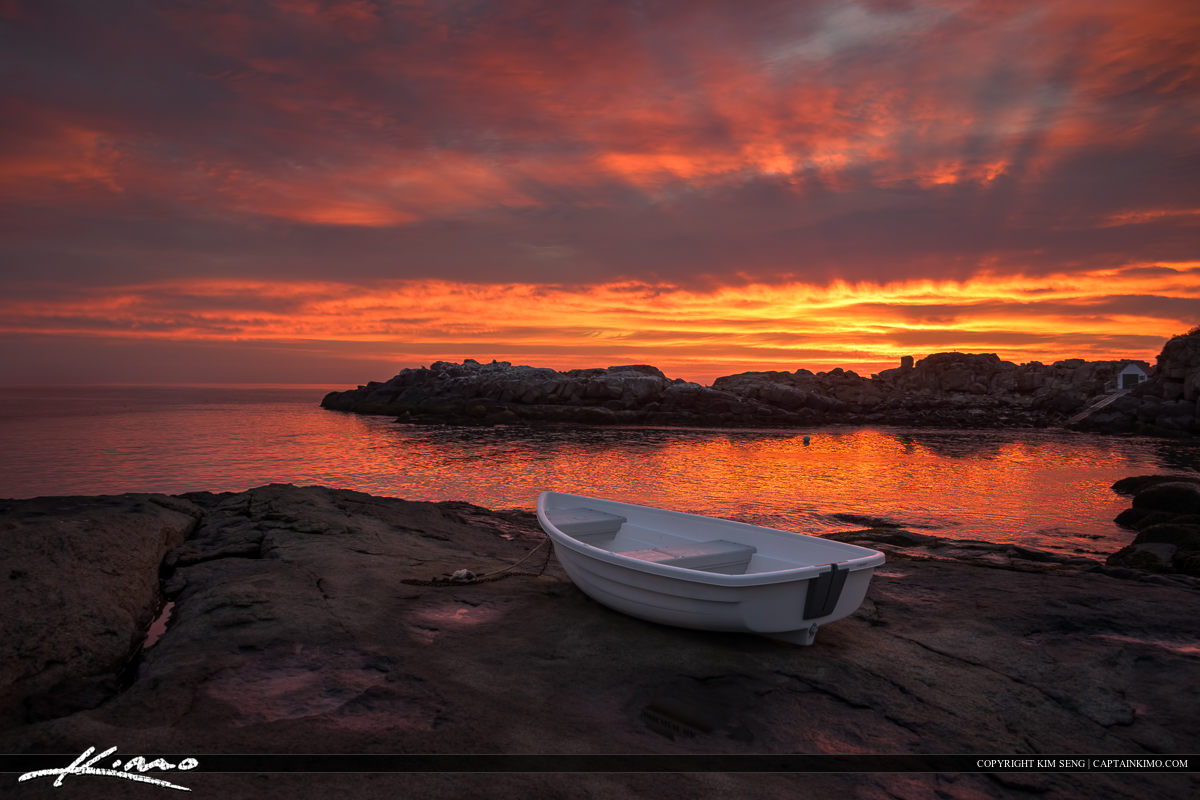 Boat at Cape Neddick Maine Red Sky Ocean Sunrise