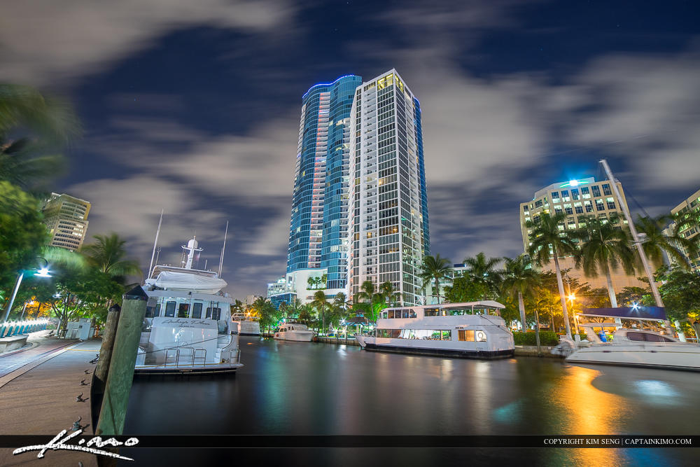 Fort Lauderdale Downtown City at New River Boats Dock Riverwalk