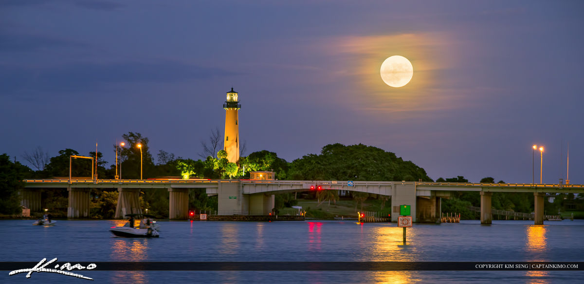 Jupiter Inlet Lighthouse Moon Rise Over Waterway